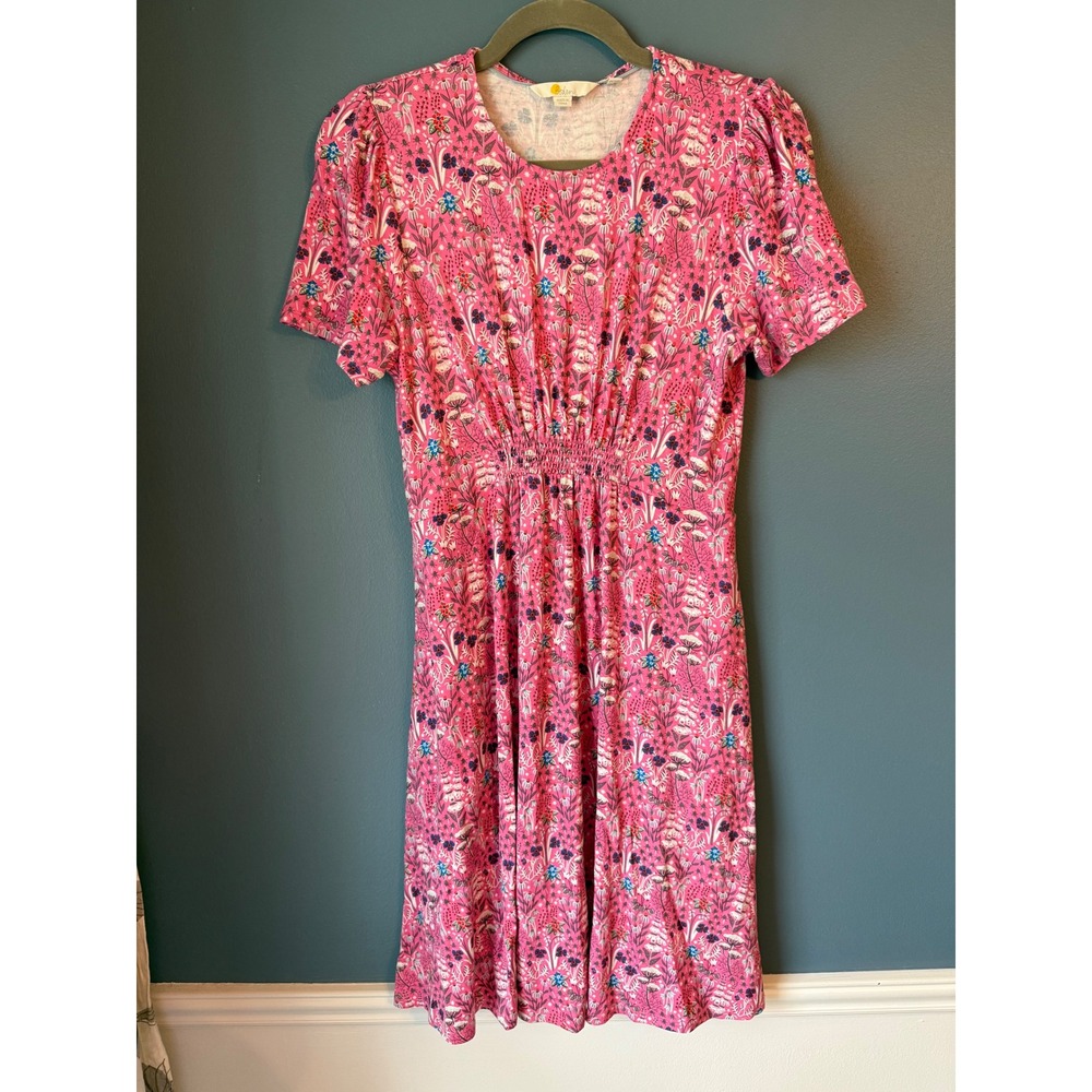 Boden Pink Floral Jersey Smocked Waist Puff Sleeve Dress